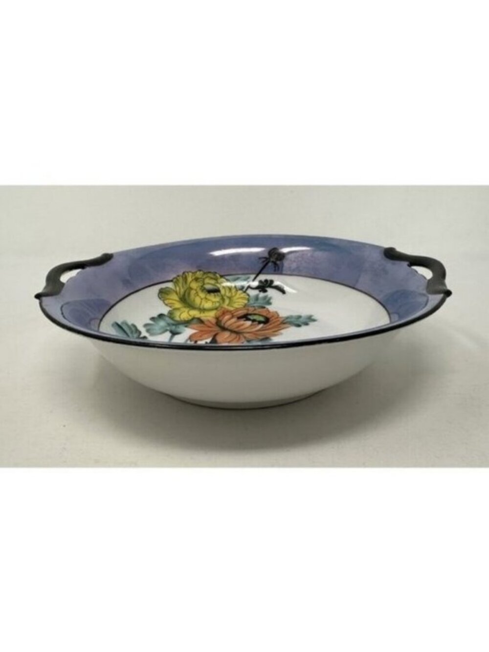 NORITAKE MORIMURA TWO HANDLED SERVING BOWL Floral Art Deco Blue Luster Ware - Picture 5 of 15